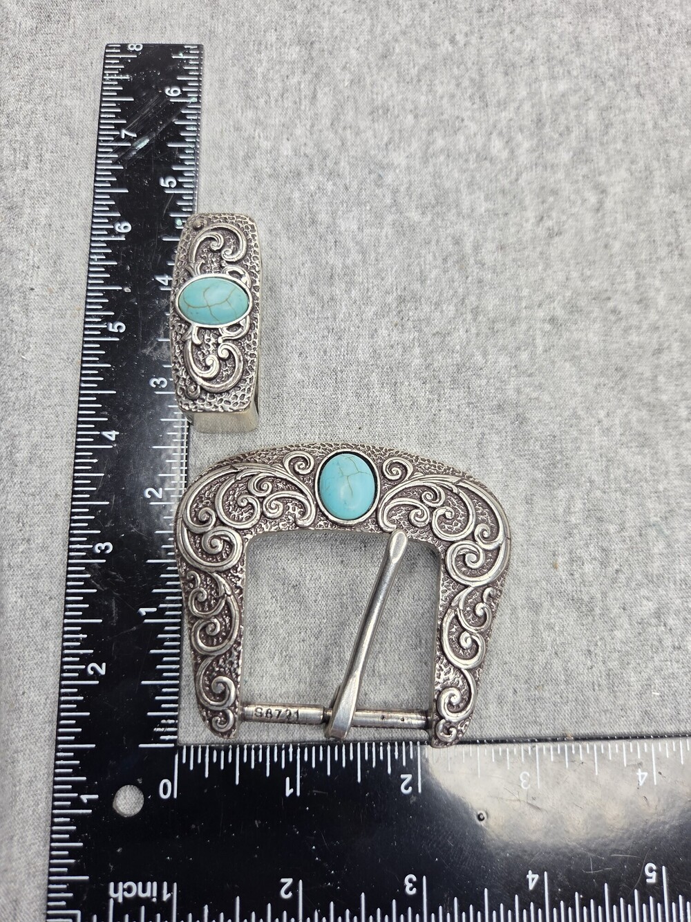 Vintage Western Belt Buckle Set Nickel Silver Turquoise Floral Engraved - Picture 6 of 7